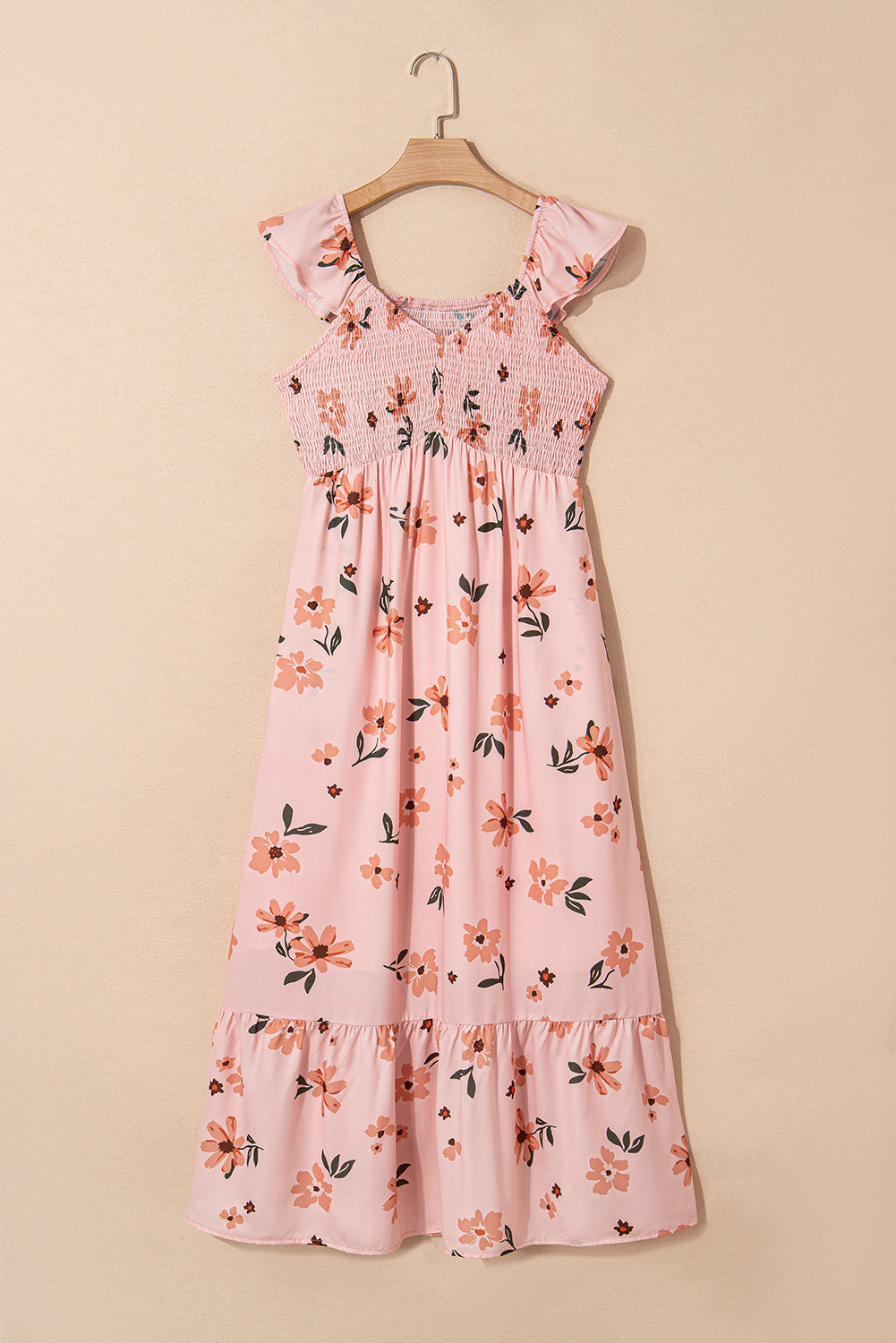 Pink Floral V Neck Smocked High Waist Ruffle Hem Maxi Dress