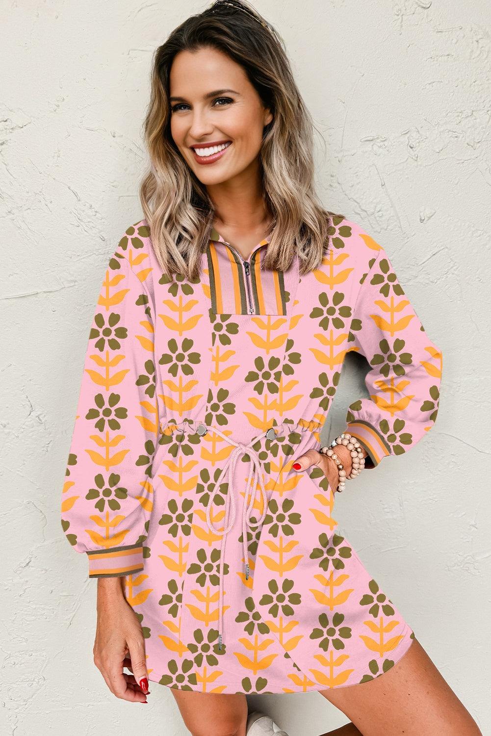Pink Floral Print Patchwork Long Sleeve Dress