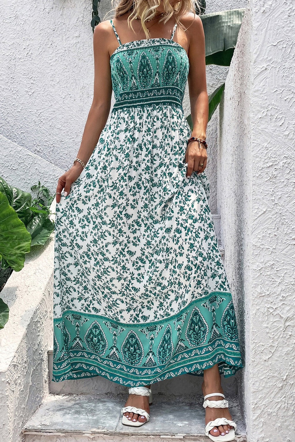 Green Boho Floral Print Cami Maxi Dress