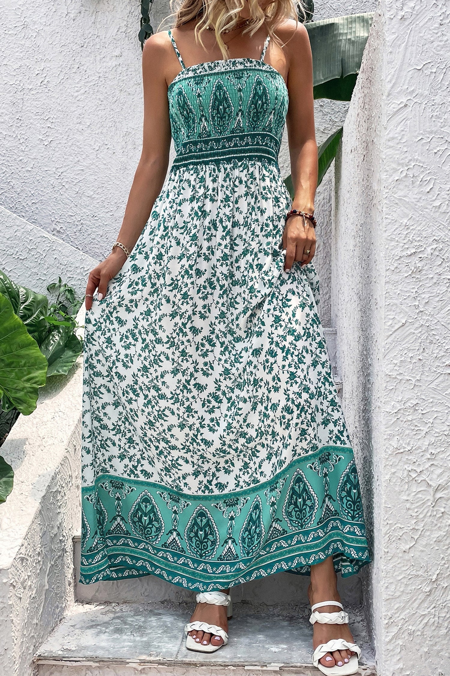 Green Boho Floral Print Cami Maxi Dress