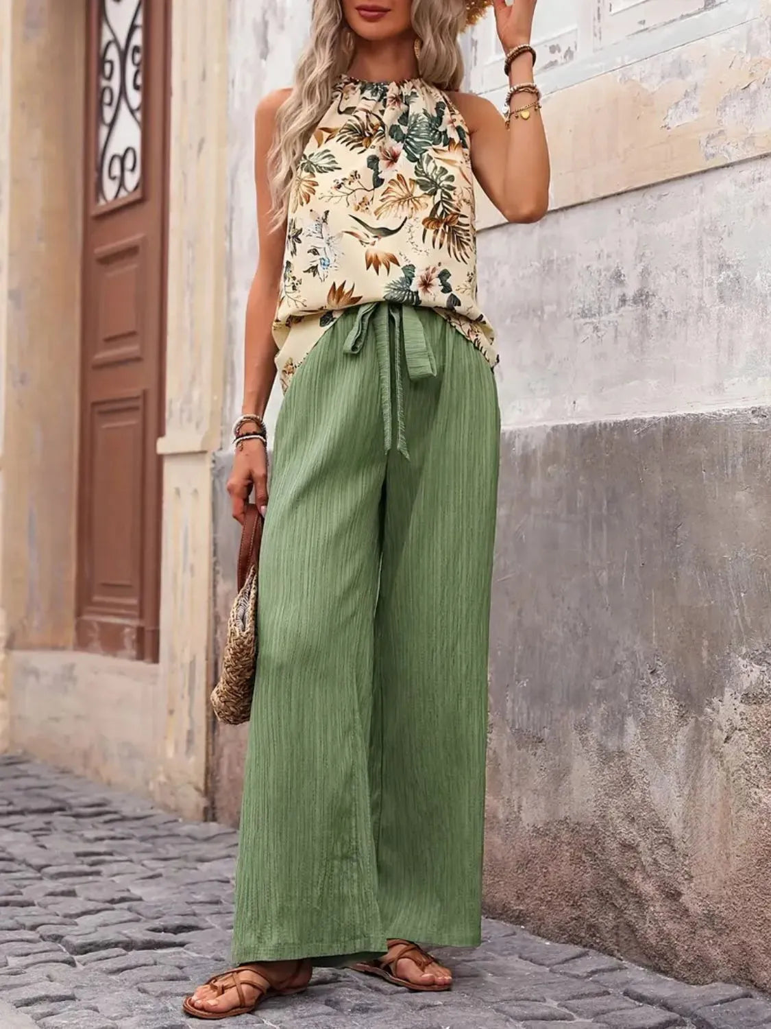 Printed Tank Top and Wide Leg Pants Set