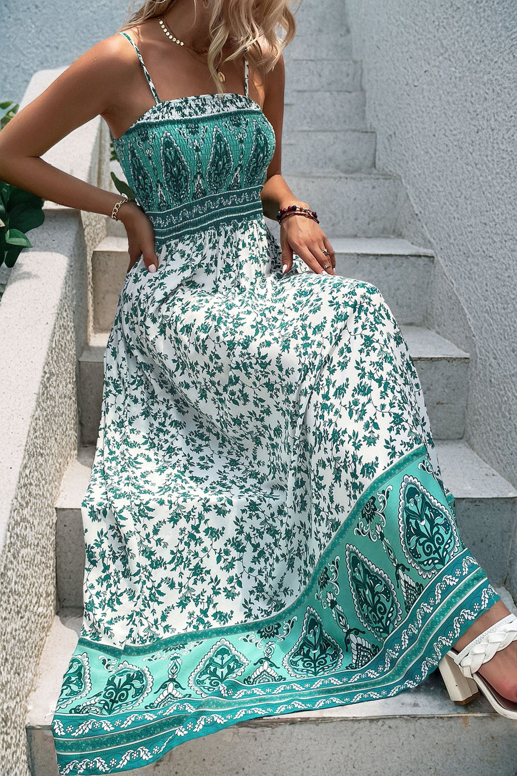 Green Boho Floral Print Cami Maxi Dress