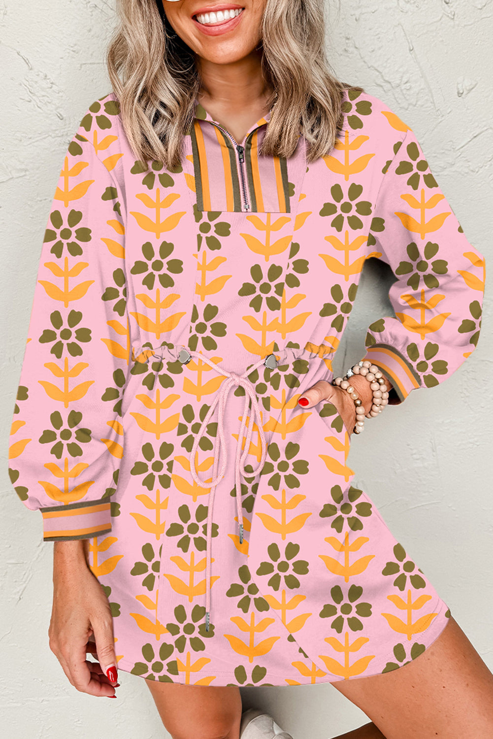Pink Floral Print Patchwork Long Sleeve Dress