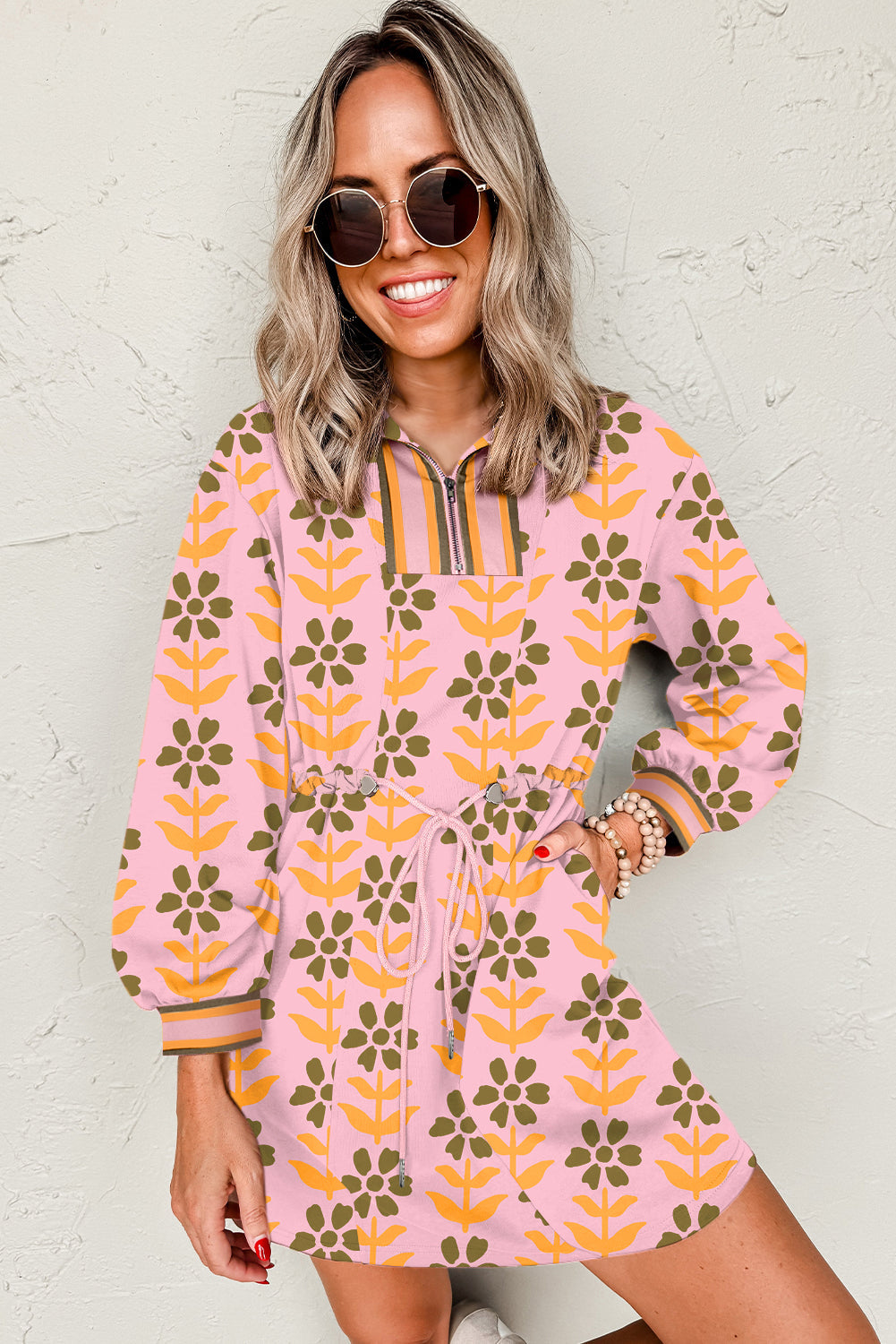 Pink Floral Print Patchwork Long Sleeve Dress