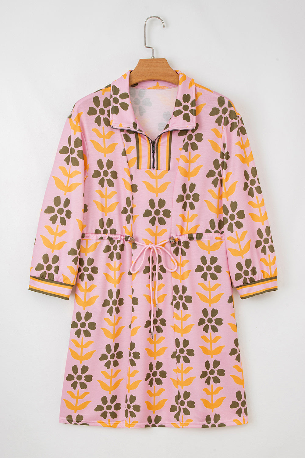 Pink Floral Print Patchwork Long Sleeve Dress